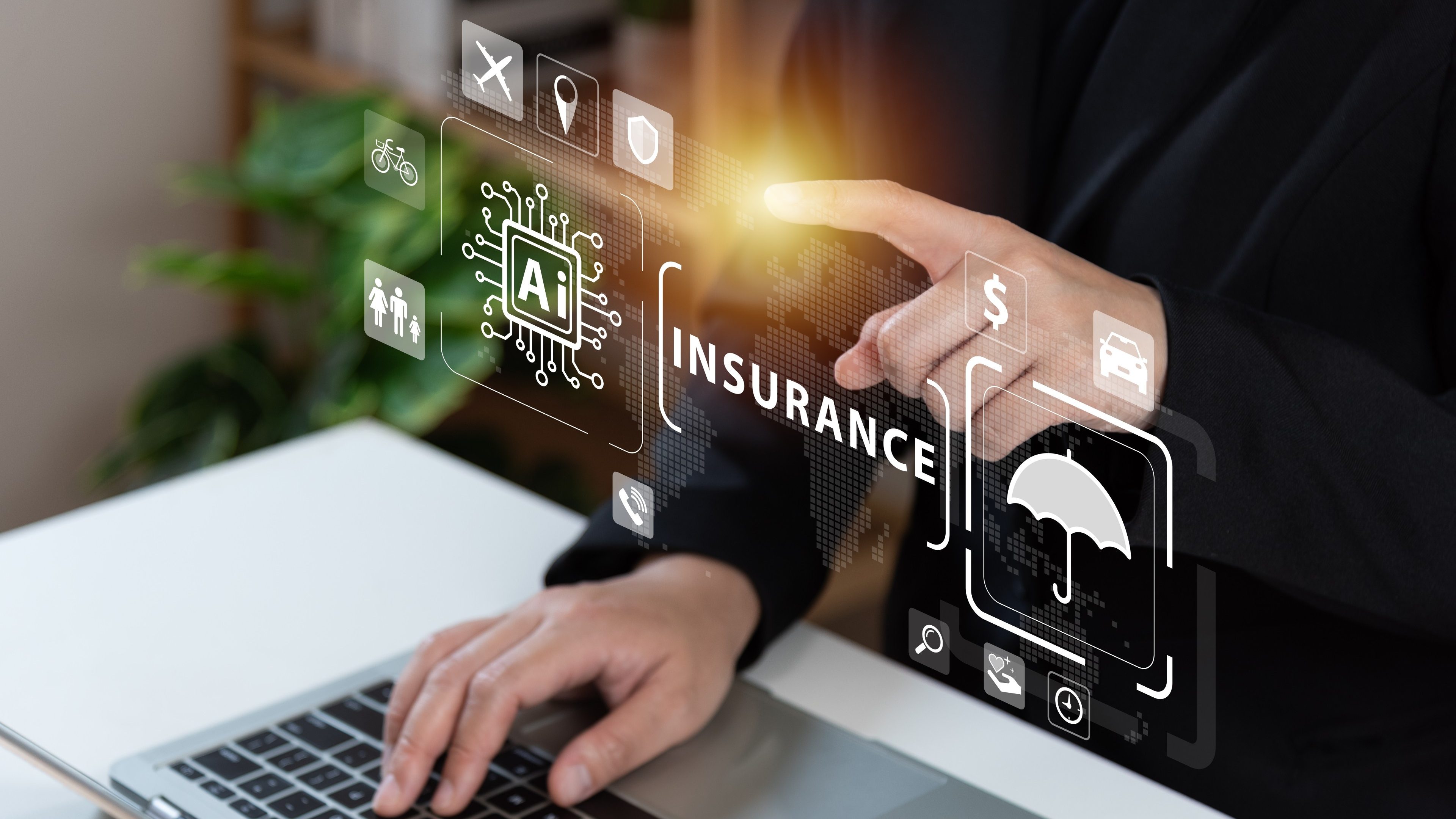 Businessman using laptop with AI tech auto insurance service concept, travel insurance data management, fast solve problem, service, digital transformation, protection, digital application.